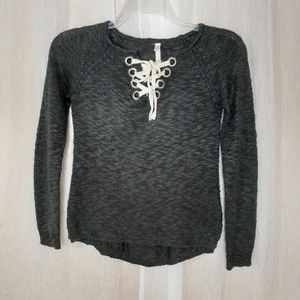 Xhileration‎ Gray Lace Up Front Sweater